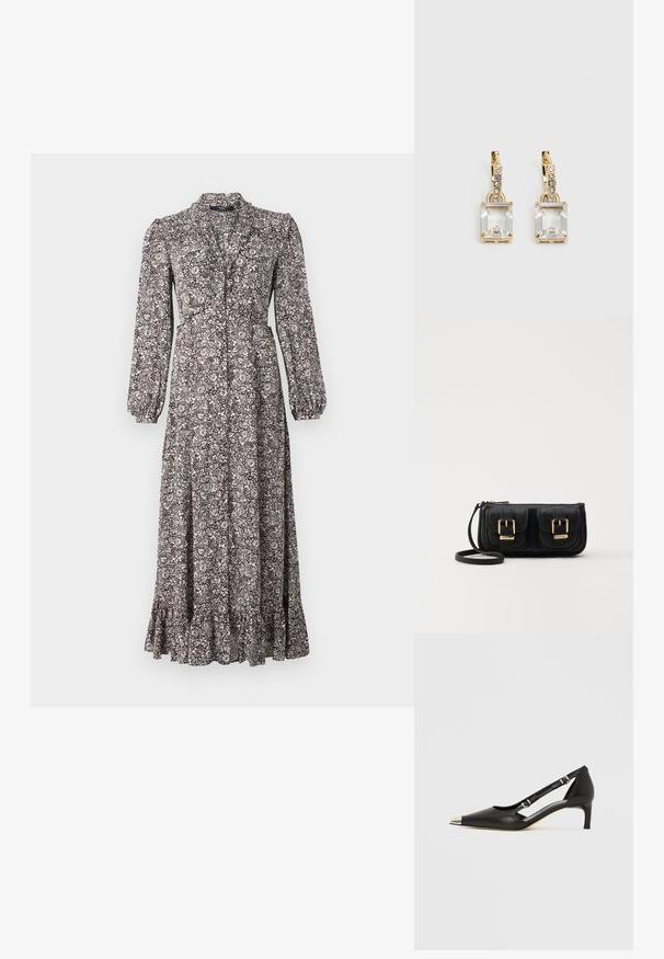 Long, button-down dress made of patterned fabric in shades of brown and white, featuring long sleeves and a ruffled hem.; Black leather kitten heel with pointed silver toe cap and dual buckle straps on a white background.; Black leather crossbody bag with two front pockets, gold buckles, zipper closure, and a slim strap. Textured surface and compact rectangular shape.; Gold-tone earrings featuring a rectangular, clear crystal dangling below a row of small, round clear accents. Sleek, modern design.