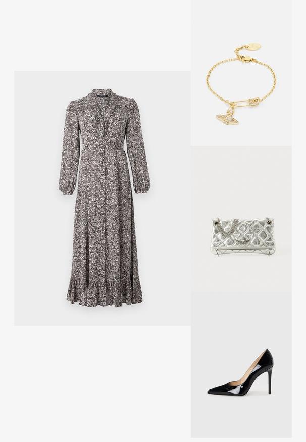 Długa sukienka zapinana na guziki, wykonana z wzorzystej tkaniny w odcieniach brązu i bieli, z długimi rękawami i falbaną na dole.; Czarne, lakierowane szpilki z ostrym noskiem i smukłą sylwetką. Charakteryzują się gładkim, błyszczącym wykończeniem oraz cienkim obcasem w stylu stiletto.; Srebrna torebka metaliczna z łańcuszkowym uchwytem, pikowanym wzorem, dekoracyjnym haftem i zapięciem na zamek błyskawiczny. Posiada wytłoczone akcenty na przodzie.; Bransoletka w złotym kolorze o wzorze łańcuszka, zdobiona zawieszką w kształcie agrafki oraz błyszczącą kokardką. Zawiera zapięcie i metkę z logo.