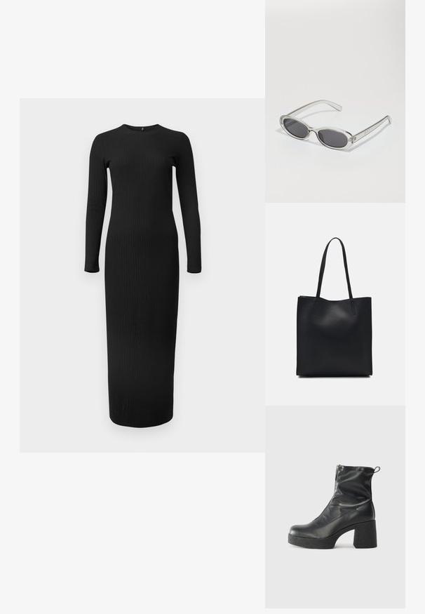 Černé žebrované maxi šaty s dlouhými rukávy a kulatým výstřihem, které mají těsný střih a hladkou texturu.; Černé kotníkové boty vyrobené z hladké kůže, s bočním zipem, robustním strukturovaným podpatkem a kulatou špičkou.; Sluneční brýle s oválným tvarem, průhledným plastovým rámem, tmavě šedými skly a tenkými průhlednými stranami s akcenty loga a minimálními detaily.; Černá kožená taška přes rameno s hladkým povrchem, obdélníkovým tvarem a dvěma dlouhými uchy. Žádné viditelné kování ani ozdoby.