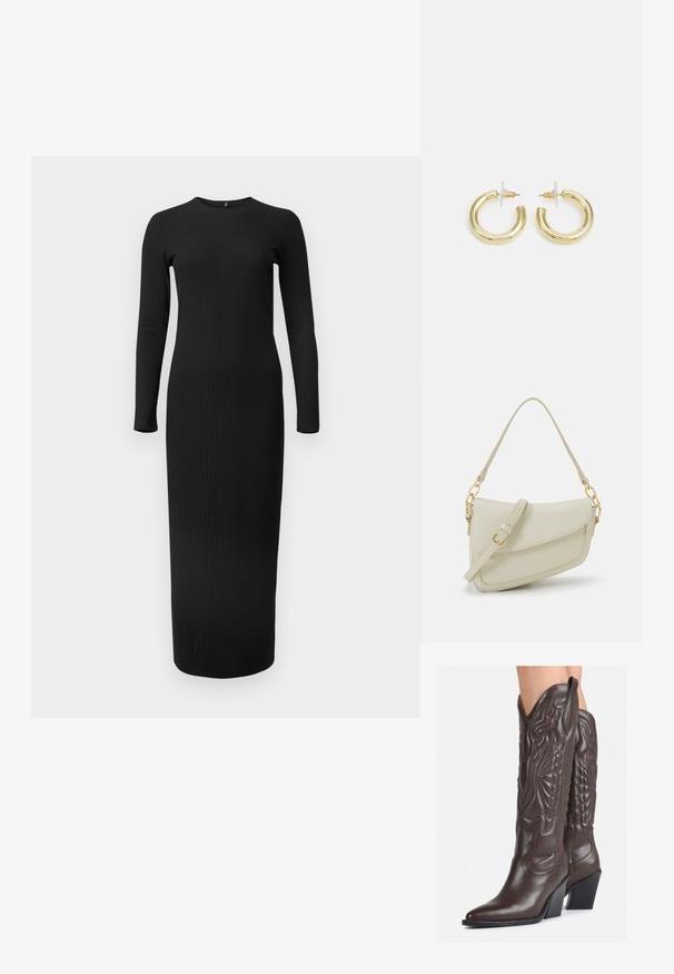 Rochie maxi neagră cu fâșii, cu mâneci lungi și guler rotund, având o formă ajustată și o textură netedă.; Bocanci de cowboy din piele maro, cu vârf ascuțit și toc pătrat, având cusături detaliate și accente ridicate pe tijă.; Geantă mică de crem cu un finisaj texturat, curea lungă și ajustabilă, accent cu lanț și închidere cu clapetă. Detalii din hardware aurie.; Cercei cercuri din aur cu un finisaj neted și strălucitor. Design circular cu un mic suport și un spate transparent pentru o purtare sigură.