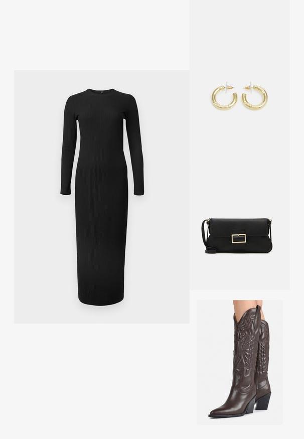 Čierne MAXI šaty s rebrovaným vzorom a dlhými rukávmi, okrúhlym výstrihom a tesným strihom s hladkou textúrou.; Hnedé kožené kovbojské topánky s špicatou špičkou a blokovým podrážkou, so zložitým prešívaním a vyvýšenými akcentmi na puzdre.; Čierna kožená clutch taška s klopou a zlatým kovovým detailom s prackou. Obsahuje čierny remienok a elegantný, minimalistický dizajn.; Zlaté kruhové náušnice s hladkým, lesklým povrchom. Cirkulárny dizajn s malým steblom a jasným záznamom pre bezpečné nosenie.