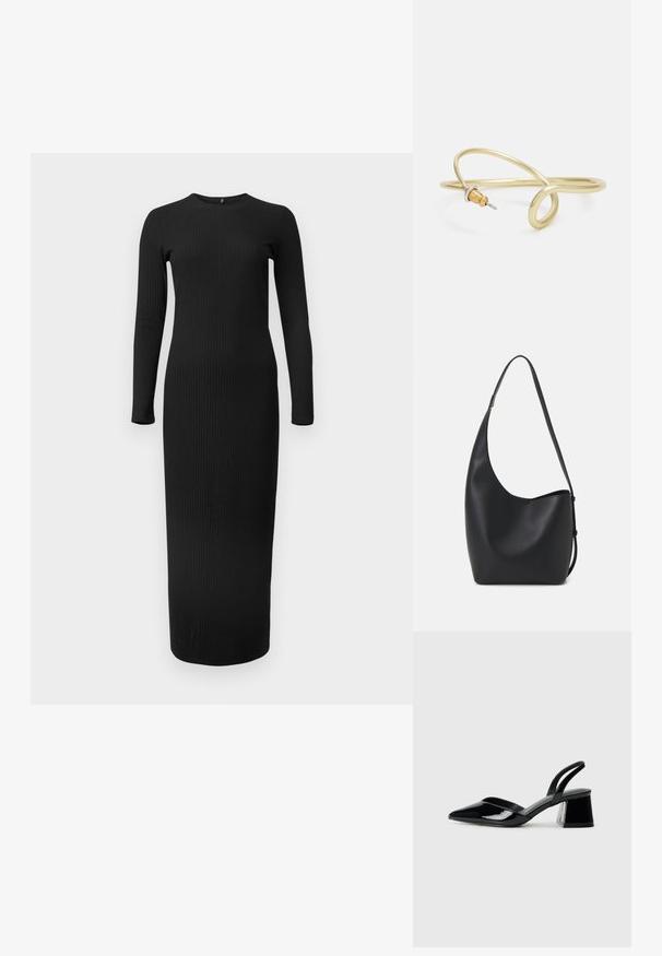 Črna rebrasta maksi obleka z dolgimi rokavi in okroglim izrezom, ki se ponaša s telesu prilagojeno obliko in gladko teksturo.; Črne lakirane slingback pete s koničastim nosom in geometrijsko blokasto peto. Imajo eleganten, minimalističen dizajn in gladko teksturo.; Črna usnjena hobo torba z gladko teksturo, ukrivljeno obliko in eno nastavljivo naramnico; ima širok odprtina na vrhu.; Zlato obarvan kovinski zapestnica s tekočim, ukrivljenim dizajnom. Ima majhen, izstopajoč srebrn poudarek na enem koncu.