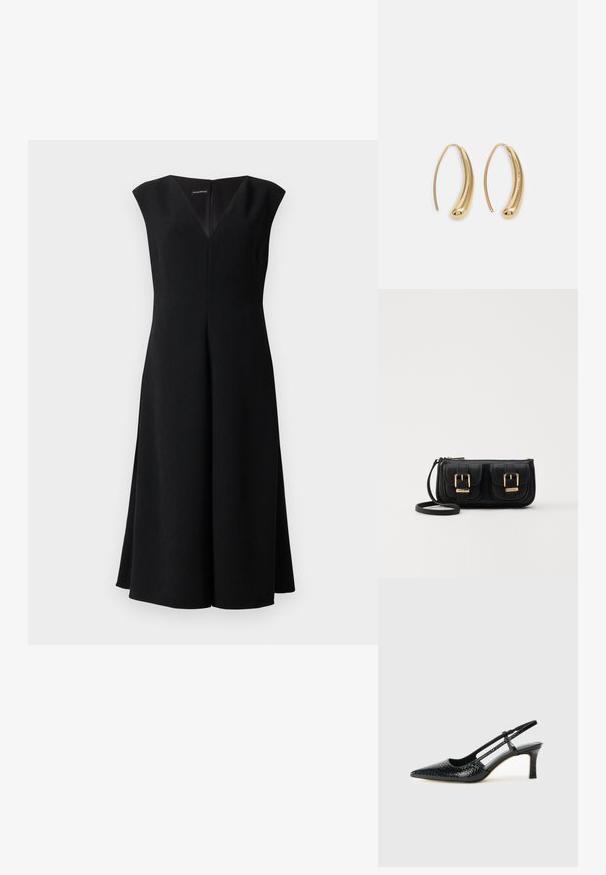 Vestido midi pretos sem mangas com decote em V e cintura ajustada, alargando suavemente em direção à barra.; Salto slingback em patente preta com bico apontado, apresentando um padrão de pele de cobra texturizado, tira ajustável e um salto bloco curto e texturizado.; Bolsa de ombro em couro preto com dois bolsos frontais, fivelas douradas, fecho de zíper e uma alça fina. Superfície texturizada e forma retangular compacta.; Brincos em metal dourado com forma de arco alongado e curvado. Apresentam uma superfície lisa e brilhante, com uma ponta arredondada para um detalhe adicional.