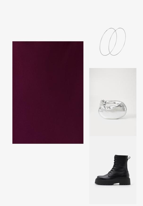 TUSSAH MAVIS - Vestido largo - plum; Botas de cuero negras hasta el tobillo con punta redonda, cordones en la parte delantera y una suela de goma gruesa con un dibujo texturizado. Tirador en la parte trasera.; Bolsa de pouch metálica plateada con una forma suave y redondeada y un cierre en la parte superior con un nudo. Hecha de un material de imitación de cuero suave.; Pendientes de aro plateados con un diseño minimalista. Forma circular, textura suave y perfil delgado. Livianos con un acabado pulido.