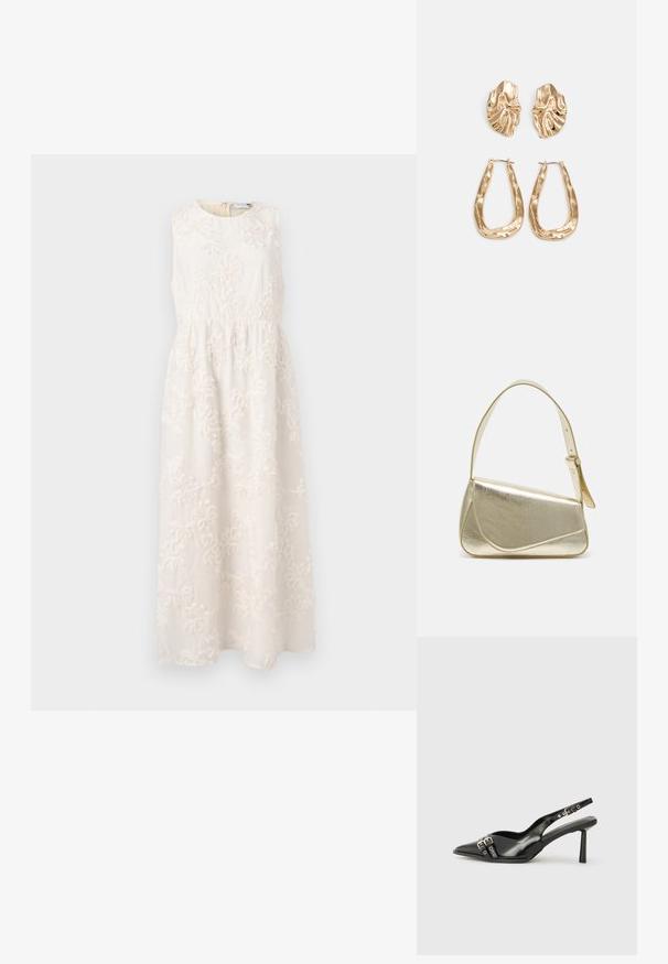 Bezramienkov dress v svetlej smotanej farbe s kvetinovou výšivkou, okrúhlym výstrihom, priliehavým pásom a plynulou sukňou, vyrobené z textúrovanej látky.; Čierne lakované kožené slingback topánky s špicatou špičkou, remienkami okolo členku s striebornými prackami a hardvérom, a štíhlým podpätkom.; Zlatá metalická kabelka so štruktúrovaným dizajnom, hladkou textúrou a nastaviteľným popruhom. Obsahuje jedinečný trojuholníkový tvar a minimalistické šitie.; Náušnice v zlatej farbe s textúrovanými, vlnitými tvarmi. Obsahujú sochárske klipsové náušnice a otvorený tvar krúžku s kladivkovým povrchom.