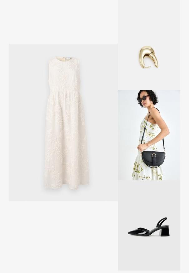 Maks dress brez rokavov v svetli kremni barvi z cvetličnim vezenjem, okrogel izrez, oprijet pas in tekoča krila, izdelan iz teksturiranega blaga.; Črne lakirane slingback pete s koničastim nosom in geometrijsko blokasto peto. Imajo eleganten, minimalističen dizajn in gladko teksturo.; Črna usnjena torbica s ukrivljeno obliko, z odstranljivo naramnico in zlatimi dodatki. Torbica ima pokrov s podrobnostmi v obliki zaponke.; Uhane nakit iz zlatastega tona z gladko, ukrivljeno zasnovo. Ima edinstveno koničasto obliko, polirano površino in zaponko s tečajem.