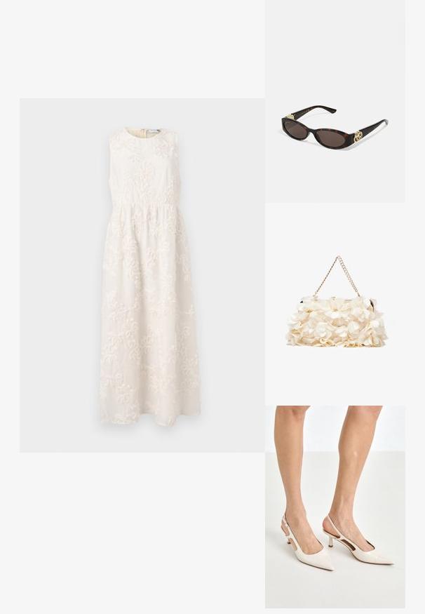 Bez piedurknēm, garā kleita gaiši krēmkrāsā ar ziedu izšuvumiem, apaļa kakla izgriezums, pieguļošs viduklis un plūstoša svārku daļa, izgatavota no teksturēta auduma.; Beidzējo oriģinālo bežējo lakotā ādas kurpju papēžus ar norādītu degunu un 5 cm papēdi, kas iekļauj izgrieztās sānu daļas un plānu potītes siksniņu.; Tīģerbrūnā sauļošanās brillēm ar izstieptām ovālām lēcām, brūnu tonējumu, zeltītiem logotipa akcentiem uz tempļiem un plānām melnām kājām.; Balta ziedu somiņa ar savelktu auduma virsmu, zeltīta toņa ķēdes siksna un metāla sprādze. Iekļautas teksturētas ziedlapiņas papildus detaļām.