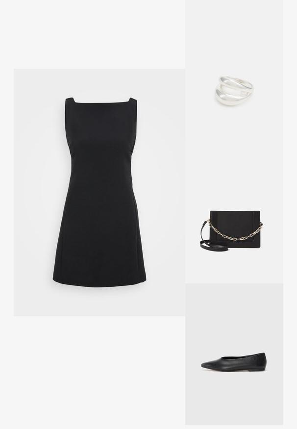 Juoda be rankovių suknelė su kvadratiniu iškirpimu, A formos kirpimas ir lygus paviršius, turinti minimalistinį dizainą be raštų ar akcentų.; Juodas odinis baleto batas, su smailiu pirštu, minimalistinio dizaino, lygiu paviršiumi, žemo profilio kulnu, be matomos aparatūros ar papuošimų.; Juodas odinis per petį nešiojamas krepšys turi lygų paviršių, stačiakampio formą ir metalinę grandinėlę priekyje. Pridedama reguliuojama dirželis.; Sidabrinis dvigubas žiedas su lygiu, poliruotu paviršiumi. Pasižymi sklandžiu, kreiptu dizainu su persipinančiomis dalimis, suteikiančiomis modernų išvaizdą.