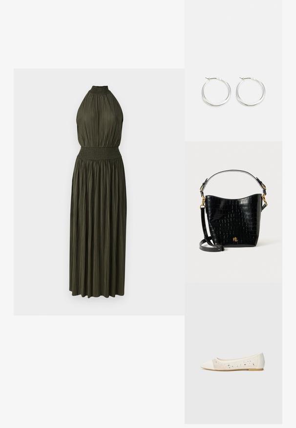 Samsøe Samsøe UMA DRESS - Vestido de cocktail / Vestido de festa - forest night; Sandal com biqueira apontada em pele creme com parte superior transparente decorada com strass dispersos. Sola macia para conforto, design minimalista.; Bolsa de pele corcunda preta com textura de crocodilo, formato curvo, detalhes em metal dourado, alça ajustável e logotipo na parte da frente.; Brincos de argola prateados com um design suave e arredondado, apresentando um perfil fino e um fecho seguro. Estilo minimalista com um acabamento polido.