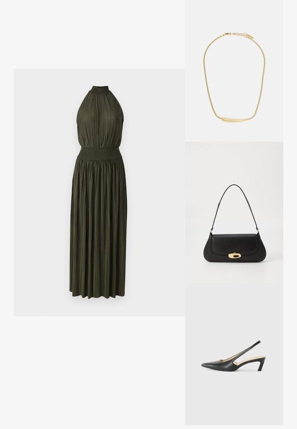 Samsøe Samsøe UMA DRESS - Rochie cocktail/Rochie petrecere - forest night; Pantof cu toc mic, cu vârf ascuțit și slingback, realizat din piele netedă, având un design decupat pe lateral pentru respirabilitate.; Geantă de mână din piele neagră, cu un design curbat, accesorii de culoare aurie și un mâner de sus. Dispune de o închidere elegantă și o textură netedă.; Colier placat cu aur, cu un accent central neted și curbat. Dispune de o chaină flexibilă cu un închizător tip homar și link-uri suplimentare ajustabile.
