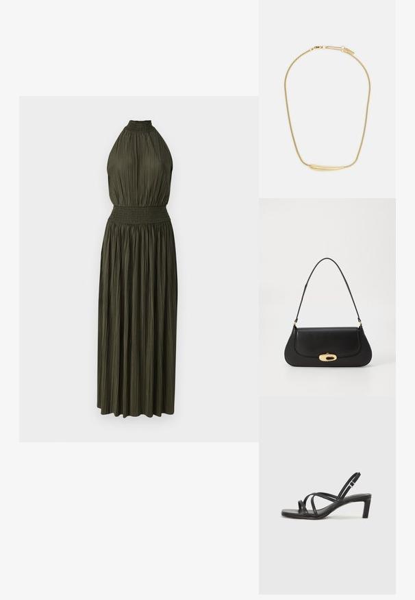 Samsøe Samsøe UMA DRESS - Koktélruha / Partiruha - forest night; Fekete pántos szandál négyzetes orral és alacsony blokk sarkal. Több vékony pánttal és állítható boka pánttal rendelkezik. Sima bőrből készült.; Fekete bőr táska ívelt kialakítással, arany színű fémrészletekkel és felső fogantyúval. Csúszásmentes záródás és sima textúra jellemzi.; Aranyozott nyaklánc sima, ívelt középső díszítéssel. Rugalmas lánccal rendelkezik, homárzárral és további állítható láncszemekkel.