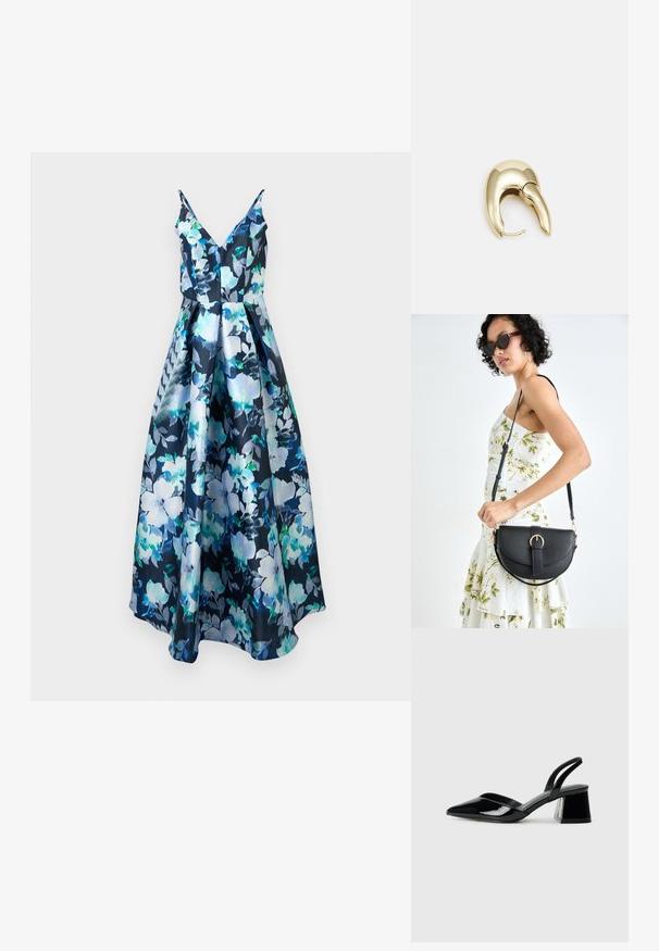 Robe midi florale en bleu marine avec de grandes fleurs bleu clair et vert. Le matériau est brillant, avec un corsage ajusté et une jupe évasée. Décolleté en V.; Escarpins en cuir verni noir avec bout pointu et talon bloc géométrique. Présente un design élégant et minimaliste ainsi qu'une texture lisse.; Sac à main en cuir noir avec une forme courbée, bandoulière amovible et des accessoires en or. Le sac est doté d'un rabat avec un détail de boucle.; Boucle d'oreille en métal doré avec un design élégant et courbé. Présente une forme conique distinctive, une surface polie et une fermeture à charnière.