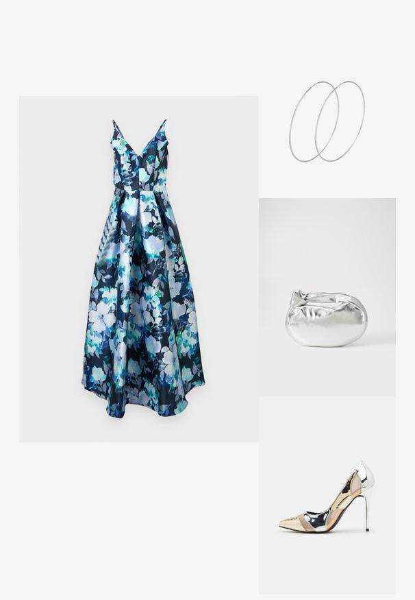 Cvjetna midi haljina u tamnoplavoj boji sa velikim svijetloplavim i zelenim cvjetovima. Materijal je sjajan, sa uskim tijelom i proširenom suknjom. V-izrez.; Cipele s visokom potpeticom i špicastim vrhom u srebrnoj, zlatnoj i nude boji. Sjajan finiš s izrezbarenim dizajnom, s potpeticom u obliku stiletto.; Srebrna metalik torbica s mekim, zaobljenim oblikom i čvorastim zatvaranjem na vrhu. Izrađena od glatke sintetičke kože.; Srebrne okrugle naušnice s minimalističkim dizajnom. Kružni oblik, glatka tekstura i tanak profil. Lagane s poliranim završetkom.