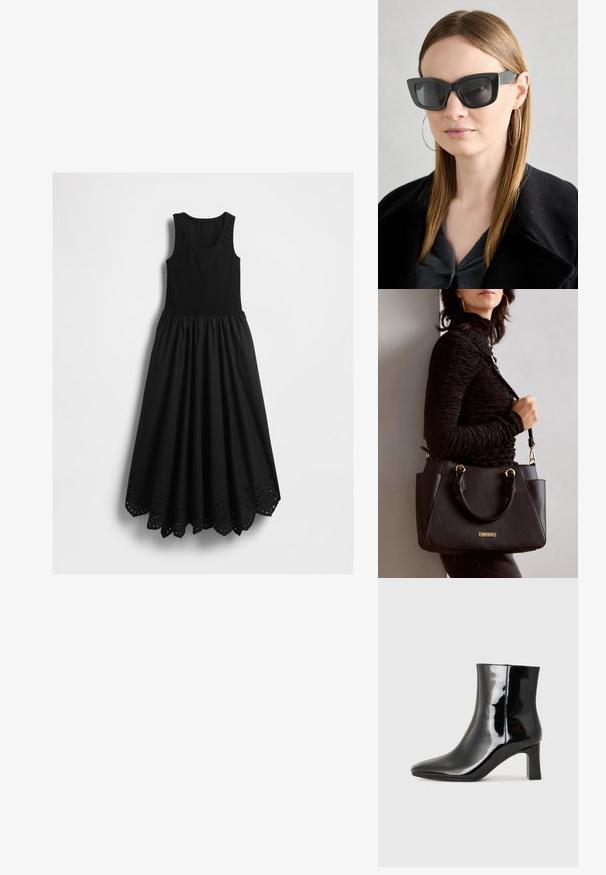Musta ilmaõlgadega maxi kleit, millel on sobituv tank-ülaosa ja laineline äär, millel on ringikujulised lõikekujud.; Must-sinine nahkjalats musta läikiva viimistlusega, millel on terav nina ja keskmise kõrgusega plokk konts. Sile tekstuur ja minimalistik disain.; Must musta prillid tumedate läätsedega, paksude raamidega ja tagasihoidlike aktsentidega. Kantud musta jope ja halli särkiga, pikki sirgeid juukseid kandes.; Musthave must kott, millel on tekstuurne pind, kaks ülemist käepidet ja reguleeritav õlarihm. Omab kuldse tooni riistu ja külgtaskuid.