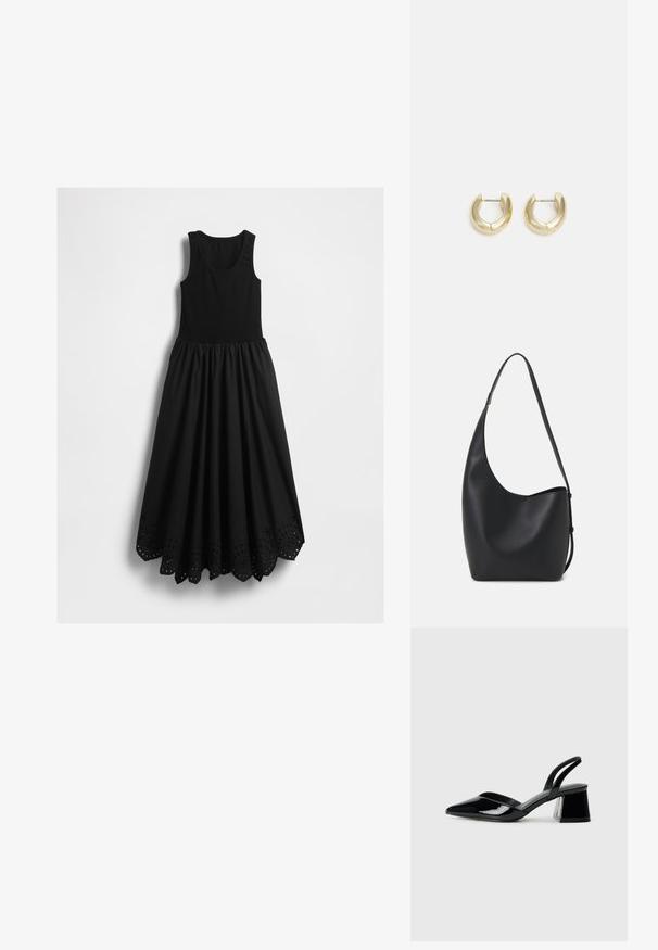 Musta ilmaõlgadega maxi kleit, millel on sobituv tank-ülaosa ja laineline äär, millel on ringikujulised lõikekujud.; Mustad musta lakknahk kingad, millel on terav varvas ja geomeetriline plokkkonts. Omab elegantselt minimalistlikku disaini ja sujuvat tekstuuri.; Mustast nahast hobo kott, millel on sile tekstuur, kumer kuju ja üks reguleeritav rihm; peal on lai avaus.; Kuldkattega rõngaskõrvarõngad sujuva, poleeritud viimistlusega. Omavad poolringikujulist vormi ja turvalist postikinnitust.
