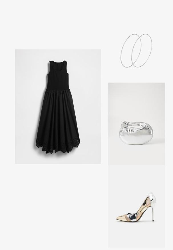 Abito maxi nero senza maniche con corpino a canotta aderente e orlo scallop con motivi a tagli circolari.; Scarpa con tacco alto a punta, con una combinazione di colori argento, oro e nudo. Finitura lucida con design a ritaglio, con tacco a stiletto.; Borsa a pochette metallica argentea con una forma morbida e arrotondata e chiusura superiore annodata. Realizzata in materiale sintetico morbido.; Orecchini a cerchio in argento con un design minimalista. Forma circolare, superficie liscia e profilo sottile. Leggeri con una finitura lucida.
