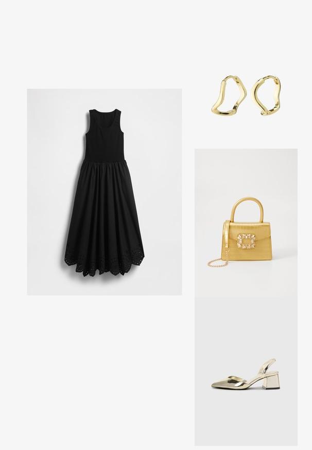 Sort ærmeløs maxi kjole med tætsiddende tank top liv og bølget kant, der har cirkulære udskæringsmønstre.; Guld, metalliske slingback-hæle med spids tå og kraftig hæl. Glat tekstur, minimalistisk design og en smal strop.; Gul faux-krokodille skuldertaske med struktureret design, top-håndtag, aftagelig kædetraske og dekorativ krystaldekoration på låsen.; Guld hoops øreringe med et flydende, bølge-lignende design. Glat tekstur, åben form og ingen synlige lukninger. Minimalistisk og moderne udseende.