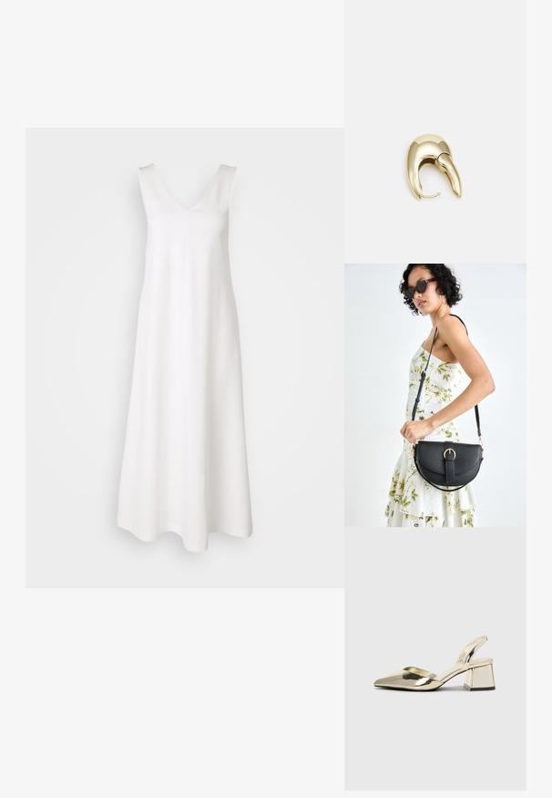 DRYKORN RESIMA - Jerseykleid - offwhite; Goldene, metallische Slingback-Absätze mit spitzem Zeh und dicker Ferse. Glatte Textur, minimalistisches Design und ein schmaler Riemen.; Schwarze Lederhandtasche mit geschwungener Form, abnehmbarem Tragegurt und goldenen Beschlägen. Die Tasche verfügt über einen Deckel mit einer Schnallen-Details.; Ohrringe aus goldfarbenem Metall mit einem schlanken, geschwungenen Design. Sie verfügen über eine markante, spitze Form, eine polierte Oberfläche und einen Scharnierverschluss.