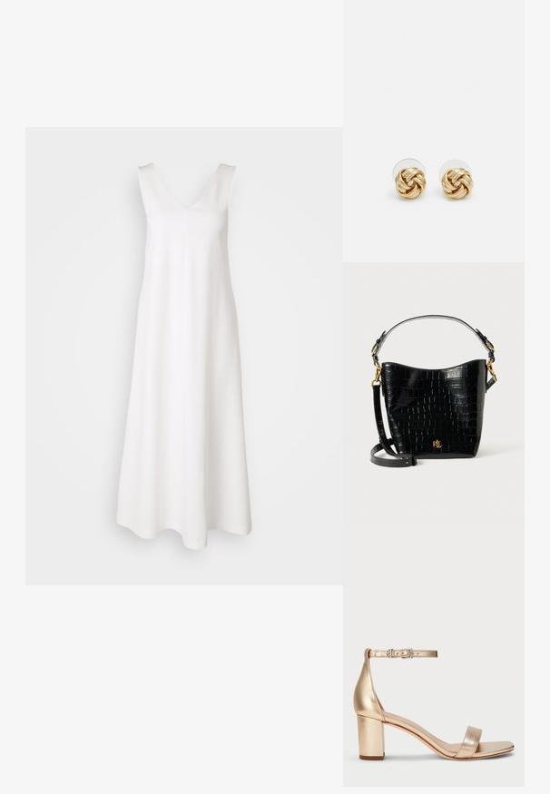 DRYKORN RESIMA - Jerseykleid - offwhite; Lauren Ralph Lauren LOGAN METALLIC NAPPA LEATHER SANDAL - Riemensandalette - platinum; Schwarze, krokodilgeprägte Lederhandtasche mit geschwungener Form, goldfarbenen Hardware-Akzenten, einem verstellbaren Riemen und einem Logodetail auf der Vorderseite.; Goldfarbene Ohrstecker mit Knoten in gedrehter Ausführung. Jeder Ohrstecker verfügt über eine runde, transparente Rückseite für sicheren Halt.