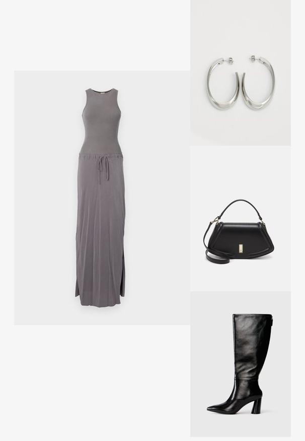 Grå ärmlös maxiklänning, figurnära bodice, dragsko i midjan, flödande tyg med sidslitsar, mjuk textur, enkel design.; Knä-höga svarta läderstövlar med spetsig tå, slät yta och kraftig klack. Har en dragkedjedetalj på baksidan.; Svart läderhandväska med en strukturerad design, som har en avskuren form, ett handtag upptill och guldiga detaljer. Justerbar axelrem ingår.; Silverfärgade hoopsörhängen med en slät, böjd design. Har en glänsande metallisk yta och ett stiftlås. Inga synliga mönster eller detaljer.