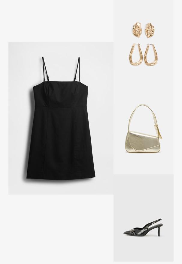 Must kleit õhukeste reguleeritavate rihmadega, liibuv korsett ja lehviv seelik. Valmistatud siledast kangast, puhta ja minimalistliku disainiga.; Must musta nahk kingad sanga ja terava ninaga, ankle strapidega, millel on hõbedased pandlad ja riistvara ning õhuke konts.; Kuldmetallist käekott, millel on struktureeritud disain, sile tekstuur ja reguleeritav rihm. Omab ainulaadset kolmnurkset kuju ja minimalistlikku õmblust.; Kuldse värvi kõrvarõngad, mis on kaunistatud tekstuursete ja laineliste kujunditega. Komplektis on skulpturaalsed klamber kõrvarõngad ja avatud rõngasdisain, millel on lõhestatud viimistlus.
