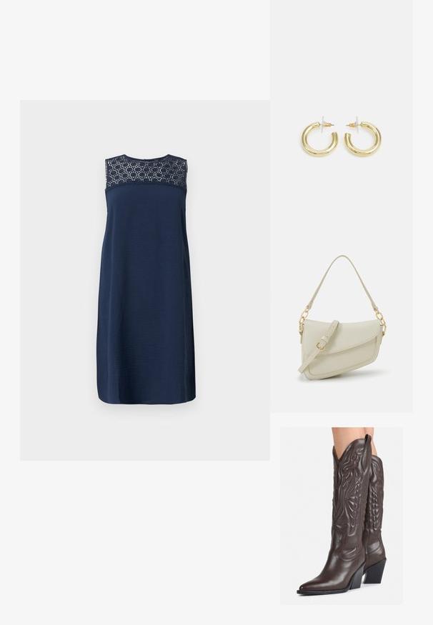 Vestido sem mangas azul marinho com um corpo texturizado e detalhes em renda na gola. Corte reto, design até ao joelho com um acabamento suave.; Botas de cowboy em couro castanho com bico pontudo e salto quadrado, apresentando costuras detalhadas e realces elevados no cano.; Pequena bolsa de creme com um acabamento texturizado, uma alça longa ajustável, um detalhe em corrente e um fecho de aba. Detalhes em hardware dourado.; Brincos em argola dourados com um acabamento liso e brilhante. Design circular com um pequeno pino e suporte transparente para um uso seguro.