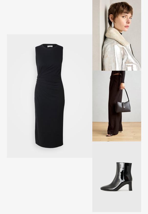 Marc O'Polo DRESS MIDI LENGTH GATHERING AT WAIST - Robe fourreau - black; Bottines en cuir verni noir avec un bout pointu et un talon block de hauteur moyenne. Texture lisse et design minimaliste.; Sac à main noir à la forme structurée, texture lisse et fermoir métallique. Associé à un pantalon noir ample et des sandales ouvertes sur un sol en bois.; Veste en cuir métallique argenté avec col en shearling, dotée d'une fermeture éclair et d'une surface texturée. Grandes boucles d'oreilles en goutte d'eau avec des pierres précieuses transparentes.