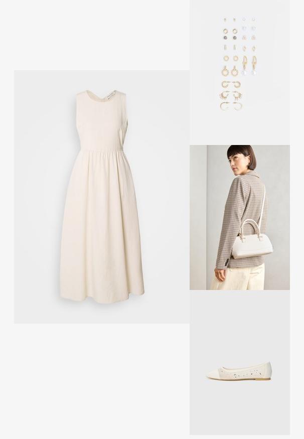 Rochie fără mânici, de culoare crem, confecționată dintr-un material ușor, cu decolteu în V, talie strânsă și fustă fluidă, lungă până la glezne.; Pantofi stilați cu vârful ascuțit, din piele crem, cu partea superioară transparentă și strasuri dispersate. Talpă moale pentru confort, design minimalist.; Geantă structurată albă, cu mânere scurte și curea de umăr, având accente din metal aurit și material texturat, expusă pe un fundal gri.; Set de cercei aurii, cu diverse designuri, inclusiv cercei tip stud, cercei hoop și cercei lungi cu perle și strassuri.