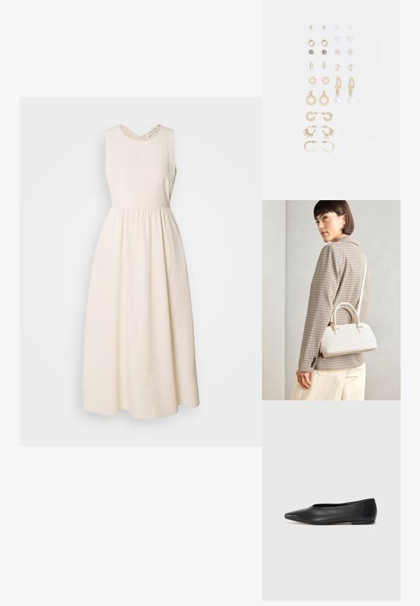 Rochie fără mânici, de culoare crem, confecționată dintr-un material ușor, cu decolteu în V, talie strânsă și fustă fluidă, lungă până la glezne.; Balerini din piele neagră, vârf ascuțit, design minimalist, textură netedă, toc de mică înălțime, fără hardware sau embellishments vizibile.; Geantă structurată albă, cu mânere scurte și curea de umăr, având accente din metal aurit și material texturat, expusă pe un fundal gri.; Set de cercei aurii, cu diverse designuri, inclusiv cercei tip stud, cercei hoop și cercei lungi cu perle și strassuri.