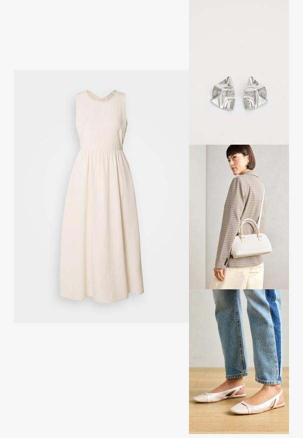 Bezramenné šaty krémové barvy vyrobené z lehkého materiálu, s V-výstřihem, nařaseným pasem a splývavou sukní až po kotníky.; Světle růžové slingback baleríny s špičatou špičkou, vyrobené z hladkého koženému materiálu. Obsahují vystřihovací detaily po stranách a plochý podpatek.; Bílá strukturovaná kabelka s krátkými uchy a ramenním popruhem, zdobená zlatými kovovými prvky a texturovaným materiálem, vystavená na šedém pozadí.; Stříbrné kovové náušnice s vlnitým, sochařským designem s leštěným povrchem a nepravidelnými tvary, které zdůrazňují moderní estetiku.