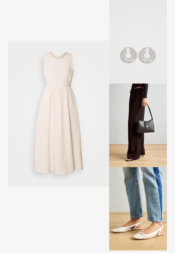 Bez piedurknēm, krēmkrāsas kleita izgatavota no viegla auduma, ar V-veida kakla izgriezumu, sašūtu vidukli un plūstošu, potītes garuma svārku.; Bālti rozā siksniņu dzīvokļi ar smailu purngalu, izgatavoti no gludas ādas līdzīgās materiāla. Iezīmē izgriezumu detaļas sānos un platu papēdi.; Melnā somiņa ar strukturētu formu, gludu tekstūru un metālu sprādzi. Saskaņota ar platām melnām biksēm un sandālēm ar atvērtu purngalu uz koka grīdas.; Sudraba gredzenveida auskari, kuros ir vairākas caurspīdīgas kristālu rotaslietas, ar teksturētu virsmu un atvērtu apļa dizainu.