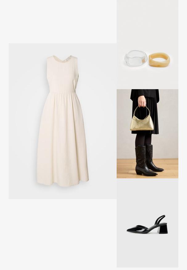 Vestido sem mangas, de cor creme, feito de um tecido leve, com decote em V, cintura ajustada e uma saia fluida até os tornozelos.; Sandy em verniz preto com salto slingback, ponta afilada e salto geométrico. Apresenta um design elegante e minimalista com textura suave.; Bolsa de mão texturizada em dourado com uma forma curva e alça curta, segurada por uma pessoa que usa uma saia plissada preta e botas de cowboy pretas em couro.; Anéis de resina clara e âmbar, um liso e transparente, o outro com um acabamento texturizado em âmbar. Ambos apresentam designs arredondados e robustos.