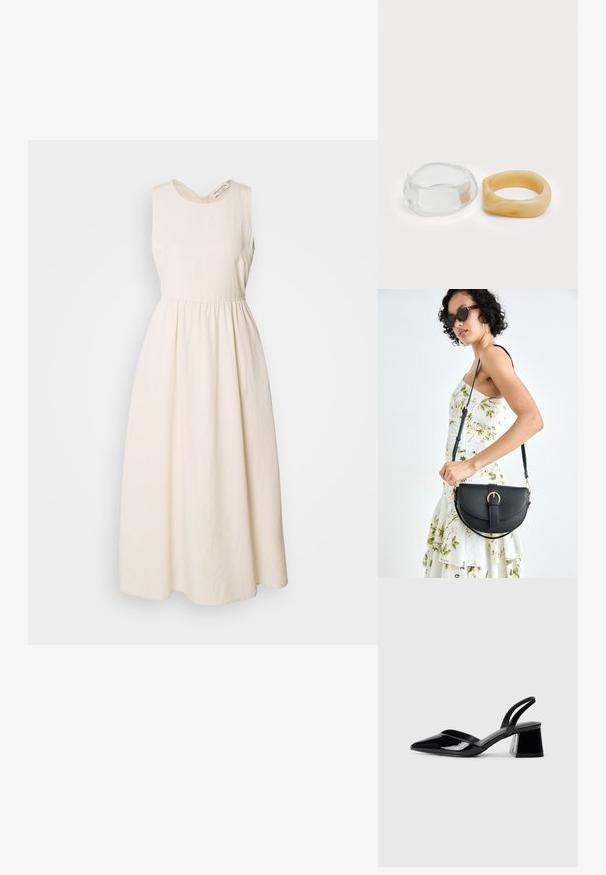 Ujjatlan, krém színű ruha, könnyű anyagból készült, V-nyakkivágással, megkötött derékkal és egy lágy, bokaig érő szoknyával.; Fekete lakk bőr szandálkés magas sarkú cipő, hegyes orral és geometrikus tömbsarkakkal. Karcsú, minimalista dizájn és sima textúra jellemzi.; Fekete bőrtáska ívelt formával, levehető pánttal és arany színű fémrészekkel. A táskán egy csattal díszített fedél található.; Tiszta és borostyán színű gyanta gyűrűk, az egyik sima és átlátszó, a másik texturált, borostyán bevonattal rendelkezik. Mindkettő kerek, tömör formatervezésű.