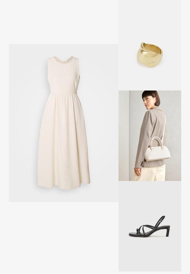 Ermeløs, kremfarget kjole laget av lett stoff, med V-hals, innsnurret midje og en flytende, ankellang skjørt.; Sorte sandaler med stropper, firkantet tå og lav blokk hæl. Har flere tynne stropper og en justerbar ankelstropp. Laget av glatt lær.; Hvit strukturert håndveske med korte håndtak og skulderreim, med detaljer i gullfinish og teksturert materiale, vist mot en grå bakgrunn.; Gullfarget ring med en glatt, vridd design. Har en polert overflate og avrundede kanter, som skaper en sømløs, flytende form.