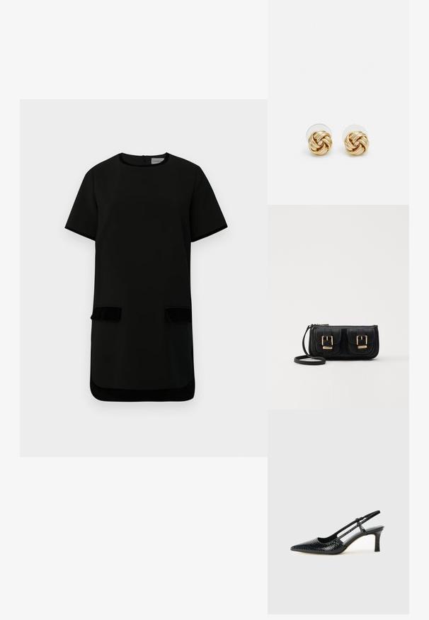 Abito corto a maniche corte nero con scollo rotondo, due tasche frontali con patta e rifiniture in velluto sulle tasche e sull'orlo.; Slingback con tacco in vernice nera con punta affusolata, caratterizzato da una stampa a serpente testurizzata, cinturino regolabile e un tacco corto e testurizzato.; Borsa a tracolla nera in pelle con due tasche frontali, fibbie dorate, chiusura con zip e una tracolla sottile. Superficie texturizzata e forma rettangolare compatta.; Orecchini a perno in tono oro con design intrecciato. Ogni orecchino presenta uno sfondo circolare trasparente per una vestibilità sicura.
