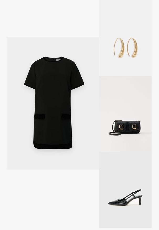 Rochie scurtă neagră cu mâneci scurte, de tip shift, cu decolteu rotund, două buzunare frontale cu clapetă și tiv cu finisaj catifelat la buzunare și tiv.; Pantofi cu toc slingback negri din patent, cu vârf ascuțit, cu imprimeu de șarpe texturat, curea ajustabilă și toc scurt texturat.; Geantă neagră din piele, tip crossbody, cu două buzunare frontale, catarame aurii, închidere cu fermoar și o curea subțire. Suprafață texturată și formă rectangulară compactă.; Cercei din metal auriu, cu un design curbat și alungit. Au o suprafață netedă și strălucitoare, cu un vârf rotunjit pentru un detaliu suplimentar.