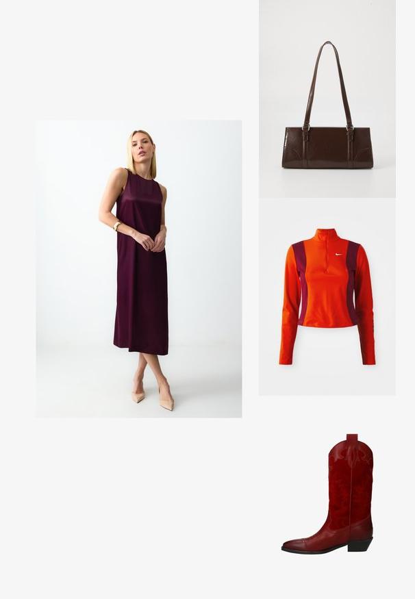 Bordeaux-farbenes ärmelloses Kleid mit gerader Silhouette, aus glattem Stoff gefertigt, mit knielangem Saum und minimalistischem Design.; Roter und lila Langarm-Oberteil mit einem Viertelreißverschluss, das ein Nike-Logo auf der Brust trägt und eine figurbetonte Passform mit einer glatten Textur aufweist.; Rote Cowboy-Stiefel aus einer Kombination von glattem Leder und strukturiertem Wildleder, mit dekorativen Nähten und einem niedrigen Absatz.; Braune Lackleder-Handtasche in rechteckiger Form, mit zwei langen Griffen und subtilen, geschwungenen Akzenten auf der Vorderseite.