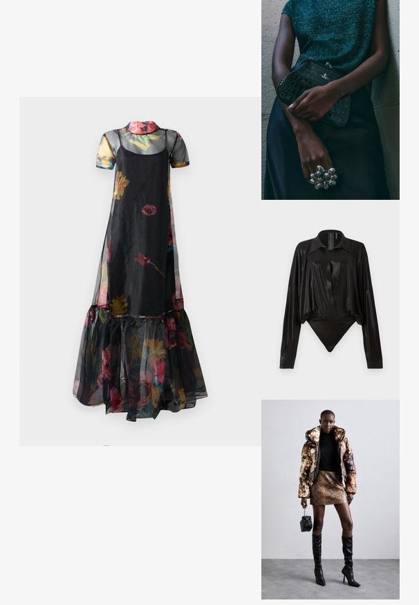 Mustakukkainen mekko, jossa on läpikuultava kangas, lyhyet hihat ja liehuva helma, jossa on rypytettyjä yksityiskohtia, koristeltuna värikkäillä kukkakuoseilla.; Musta catsuit pitkillä hihoilla, V-pääntiellä ja tiukalla siluetilla. Valmistettu kiiltävästä, sileästä kankaasta, jossa on jämäkkä kaulus ja hihansuut.; Puffer-takki ruskealla ja mustalla kuviolla, yhdistettynä ruskeaan käärmeennahkakuosiseksi mini-hameeseen, mustiin polvimittaisiin saappaisiin ja pieneen mustaan laukkuun.; Musta krokotiilihäntäinen penaali, jossa on hopeiset yksityiskohdat, pidetään teksturoitua harmaata taustaa vasten. Pintamateriaali kiiltävä.