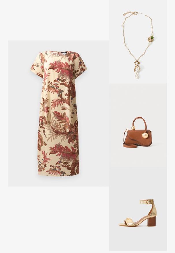 Beige bloemenjurk met rode en blauwe botanische patronen; korte mouwen, relaxte pasvorm, zachte stof, knie-lange ontwerp, ronde halslijn.; Gouden metallic hoge sandaal met een brede band over de tenen, enkelband met gesp en een blokhak. Glad textuur, minimale detailing.; Bruine leren handtas met een golvende uitstraling, voorzien van twee ronde gouden accenten en een afneembare schouderriem voor veelzijdig dragen.; Gouden halsketting met gedraaide schakels, witte parels en een groene stenen accent. Beschikt over fijne details en een sluiting voor het vastmaken.