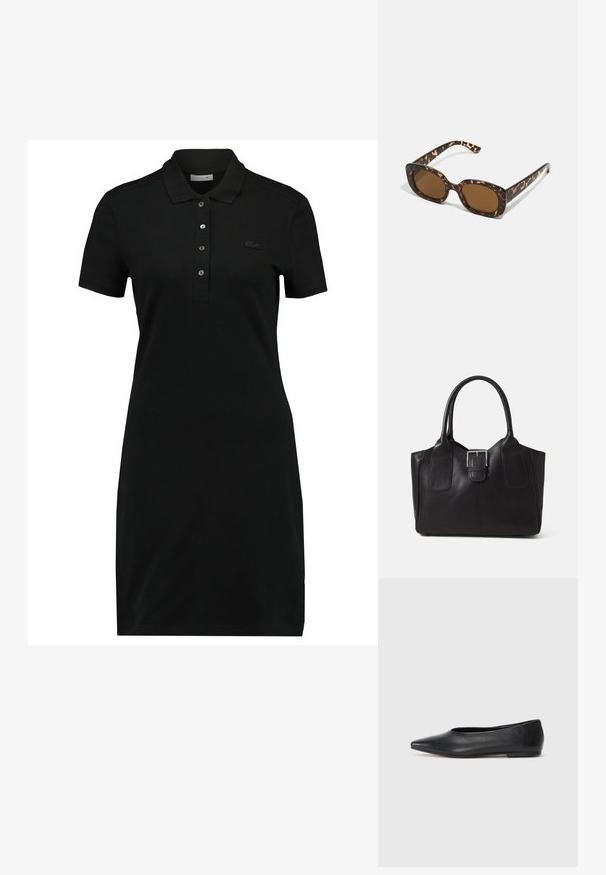 Melnā polo kleita ar īsām piedurknēm, apkakli, trīs pogu slēdzeni un smalku logotipu uz krūtīm. Izgatavota no gluda, mīksta auduma.; Melna ādas baleta kurpe, ar norādītu purngalu, minimālisma dizains, gluda tekstūra, zema papēža augstums, bez redzamiem aksesuāriem vai rotājumiem.; Tērpu apvalka saulesbrilles ar noapaļotu, masīvāku rāmi un brūnām lēcām. Satur smalkas rakstības un taisnas, sašaurinātas kājas.; Melnas ādas somiņa ar gludu tekstūru, strukturētu formu, divām rokturām un izteiktu sudraba sprādzi priekšpusē.