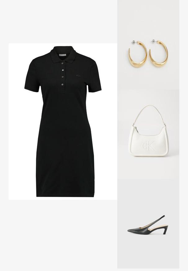 Melnā polo kleita ar īsām piedurknēm, apkakli, trīs pogu slēdzeni un smalku logotipu uz krūtīm. Izgatavota no gluda, mīksta auduma.; Melna, ar smailu purngalu, slingback kurpe ar zemu papēdi, izgatavota no gludas ādas materiāla un ar izgriezumiem sānos gaisa caurlaidībai.; Balta ādas rokassoma ar noapaļotu formu, uz kuras priekšpuses ir izgriezts "CK" logo un viena plecu siksna. Augšā aizverama ar rāvējslēdzēju.; Zeltaini auskari ar gludu, izliekta dizaina. Izgatavoti no metāla, ar elegantu apdari un aizmugurējām aizdares aizsargām.
