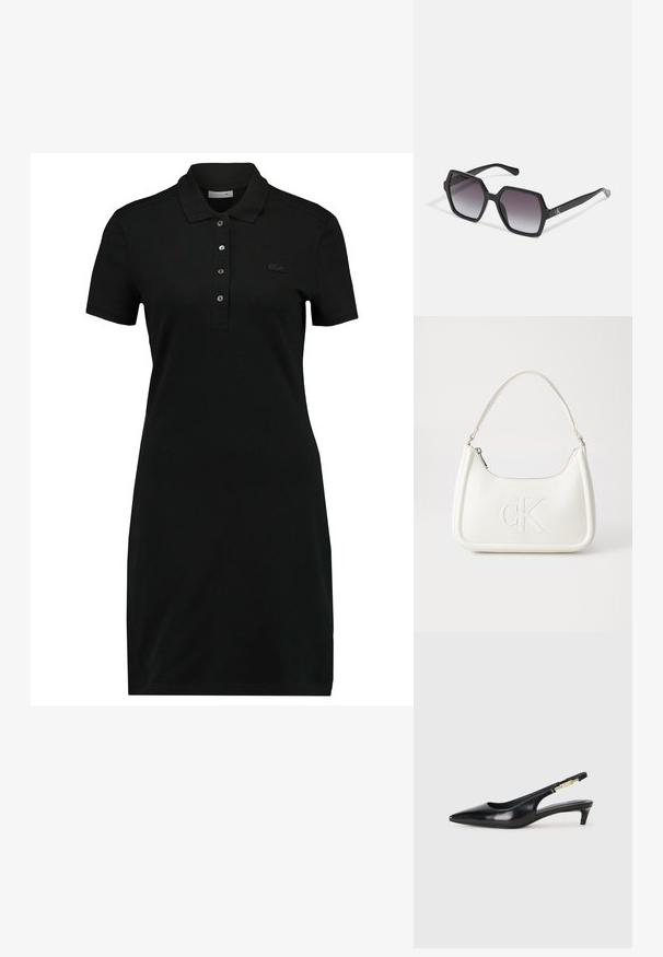 Schwarzes Polokleid mit kurzen Ärmeln, Kragen, einer Knopfleiste mit drei Knöpfen und einem dezenten Logo auf der Brust. Hergestellt aus glattem, weichem Stoff.; Schwarze Leder-Slingback-Pumps mit spitzem Schuhblatt, ausgestattet mit einem schlanken Absatz und einem goldfarbigen Akzent am verstellbaren Riemen. Glatte Textur.; Schwarze hexagonale Sonnenbrille mit Verlaufsgläsern, glänzender Oberfläche und dezentem Branding am Bügel. Aus langlebigem Kunststoff gefertigt.; Weiße Lederhandtasche mit abgerundeter Form, ausgestattet mit einem geprägten "CK"-Logo auf der Vorderseite und einem Einzel-Schultergurt. Reißverschluss oben.
