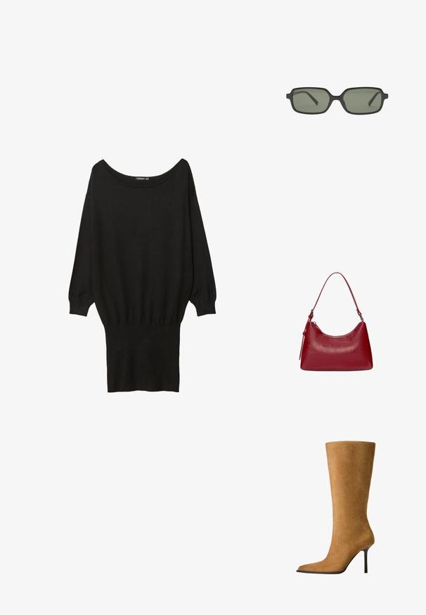 Black oversized sweater with a wide boat neckline, long sleeves, ribbed cuffs, and a fitted bottom hem, made from a soft, textured fabric.; Knee-high suede boots in camel color with a pointed toe and a thin high heel. Smooth texture and sleek silhouette with minimal detailing.; Black rectangular sunglasses with dark green lenses, featuring a flat design, minimalistic sides, and lightweight frame for comfort.; Red leather shoulder bag with a curved design, smooth texture, and a zipper closure. It features a thin handle for carrying.