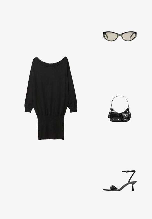 Svart oversized tröja med bred båtutskärning, långa ärmar, ribbade muddarna och en åtsittande nederkant, gjord av ett mjukt, strukturerat tyg.; Bershka Sandaletter - black; Svarta cat-eye solglasögon med gråtonade linser. Plastbågen har skarpa kanter och en slät, blank yta.; Svart lackläderhandväska med en rundad form, en axelrem, framfickor och detaljer i silverfärg.