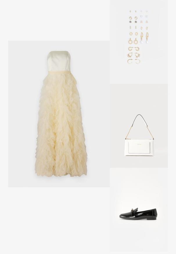 Strapless gown in pale yellow satin, featuring a ruffled tulle skirt with layered texture, creating a full, flowing silhouette.; Black patent leather loafer with a flat sole, rounded toe, and a decorative strap featuring a gold-tone accent. Smooth, shiny finish.; White leather handbag with a textured finish, featuring a gold chain strap and black accents. Includes a front pocket and zipper closure.; Set of gold-tone earrings featuring various designs, including studs, hoops, and dangling pieces with pearls and rhinestones.