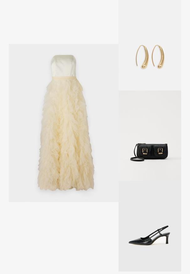 Trägerloses Kleid aus blassgelbem Satin, mit einem Rock aus gerafftem Tüll und geschichteter Textur, der eine voluminöse, fließende Silhouette kreiert.; Schwarze Lack-Slingback-Pumps mit spitzem Zehenbereich, versehen mit strukturiertem Schlangenprint, verstellbarem Riemen und einem kurzen, strukturierten Blockabsatz.; Schwarze Leder-Umhängetasche mit zwei vorderen Taschen, goldenen Schnallen, Reißverschluss und einem schmalen Tragegurt. Texturierte Oberfläche und kompakte rechteckige Form.; Goldfarbene Metall-Hoops mit einer geschwungenen, länglichen Form. Sie verfügen über eine glatte, glänzende Oberfläche und eine abgerundete Spitze für zusätzliche Details.
