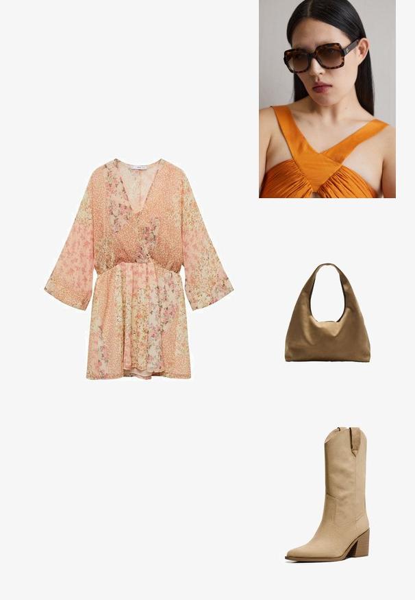 Sukienka w kwiatowy wzór w odcieniach różu, z dekoltem w kształcie litery V, szerokimi rękawami i dopasowaną talią, wykonana z lekkiego, prześwitującego materiału.; Bershka - Kowbojki i obuwie motocyklowe; Brązowe okulary przeciwsłoneczne w tortoise shell o dużym prostokątnym oprawie i gradientowych soczewkach. Złota detalacja logo po boku.; Brązowa torba na ramię z szerokim, zaokrąglonym kształtem i dużym wyciętym uchwytem. Miękka tekstura, minimalistyczny design i brak widocznych elementów metalowych.