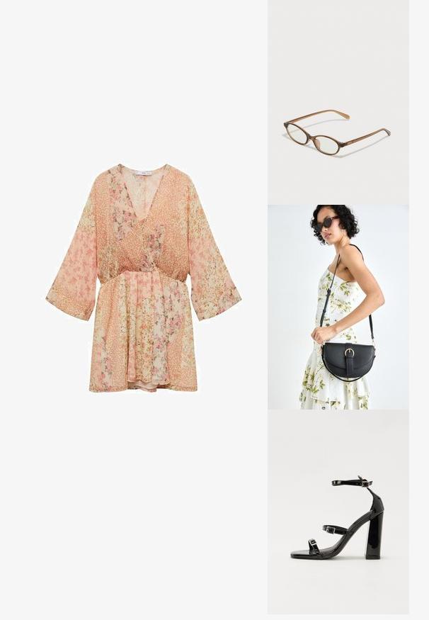 Rochie cu imprimeu floral în nuanțe de roz, cu decolteu în V, mâneci largi și talie ajustată pentru formă, fabricată dintr-un material ușor și transparent.; Sandale cu toc din patent negru, cu vârf pătrat, curele la gleznă și catarame din argint. Dispune de un toc gros pentru stabilitate.; Ochelari în nuanță de țestoasă maro, cu lentile ovale, brațe subțiri și accente transparente. Prezintă un logo subtil pe tâmplă. Design elegant și ușor.; Geantă din piele neagră, cu o formă curbată, curea detașabilă și accesorii aurii. Geanta are un capac cu un detaliu tip cataramă.