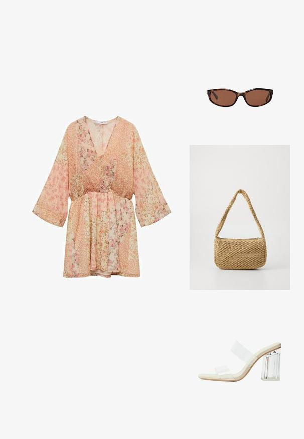 Blommönstrad klänning i nyanser av rosa, med V-ringning, vida ärmar och en cinchad midja för form, tillverkad av lätt, genomskinlig tyg.; Klart klackade sandaler med genomskinliga remmar, en beige fotbädd och en chunky klar blockklack. Snygg och slät design med en minimalistisk estetik.; Sköldpaddsmönstrade solglasögon med bruna linser, slank oval form och blank yta. Har subtila silverdetaljer på bågarna.; Vävd halmhandväska med en rundad, strukturerad form. Har en kurvad axelrem, ljusbeige färg och ett dragkedjestängning.