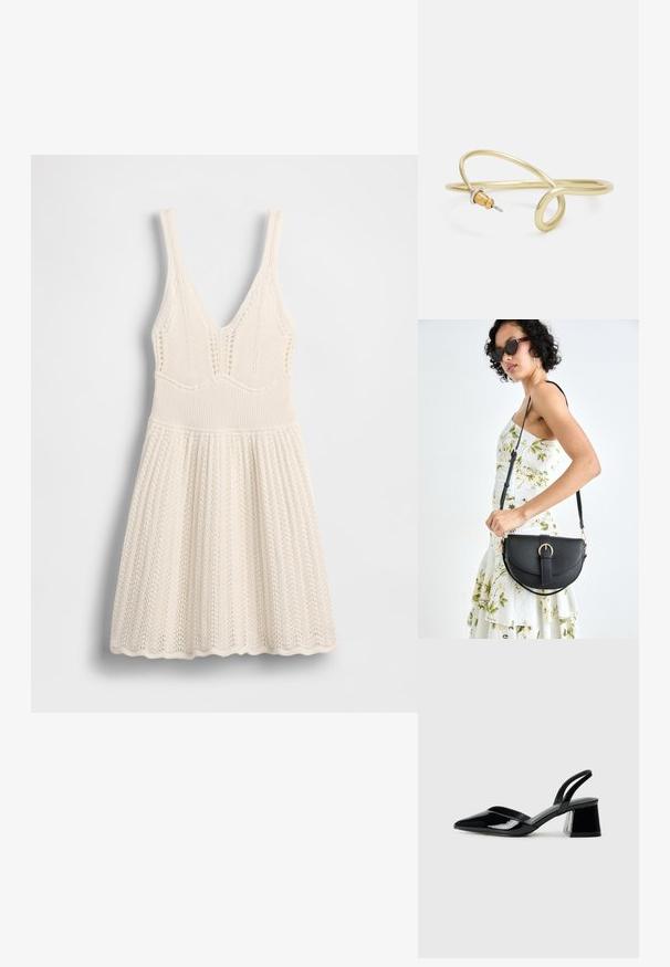 Pleteni oblek v krem barvi z V-izrezom, rebrastim zgornjim delom in razširjenim krilom z valovitim robom ter celotno odprto vzorčno tkanino.; Črne lakirane slingback pete s koničastim nosom in geometrijsko blokasto peto. Imajo eleganten, minimalističen dizajn in gladko teksturo.; Črna usnjena torbica s ukrivljeno obliko, z odstranljivo naramnico in zlatimi dodatki. Torbica ima pokrov s podrobnostmi v obliki zaponke.; Zlato obarvan kovinski zapestnica s tekočim, ukrivljenim dizajnom. Ima majhen, izstopajoč srebrn poudarek na enem koncu.